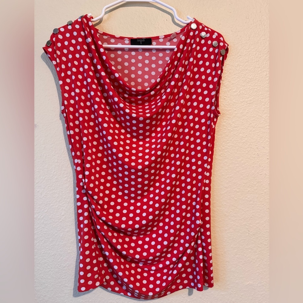 Tahari Petite Red Polka Dot Cowl Neck Top Sz P-S